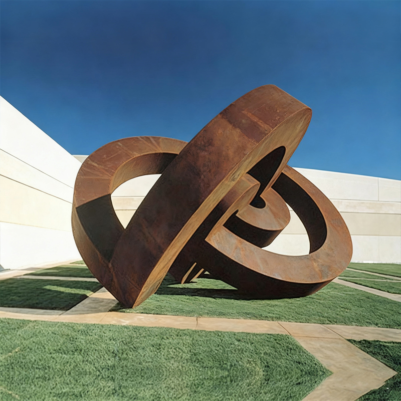 Interwoven Double-Ring Weathering Steel Decorative Sculpture