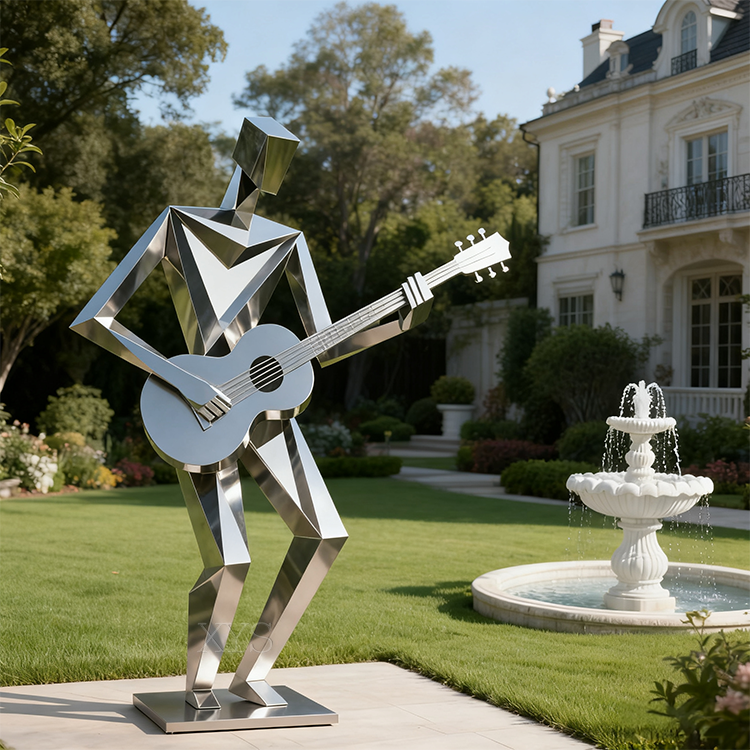 Geometrica Faceted Steel Guitarist Sculpture